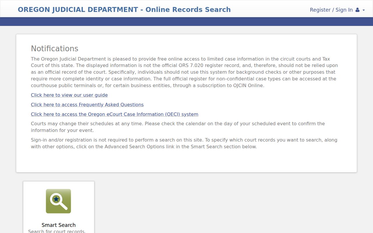Oregon Judicial Department Smart Search interface