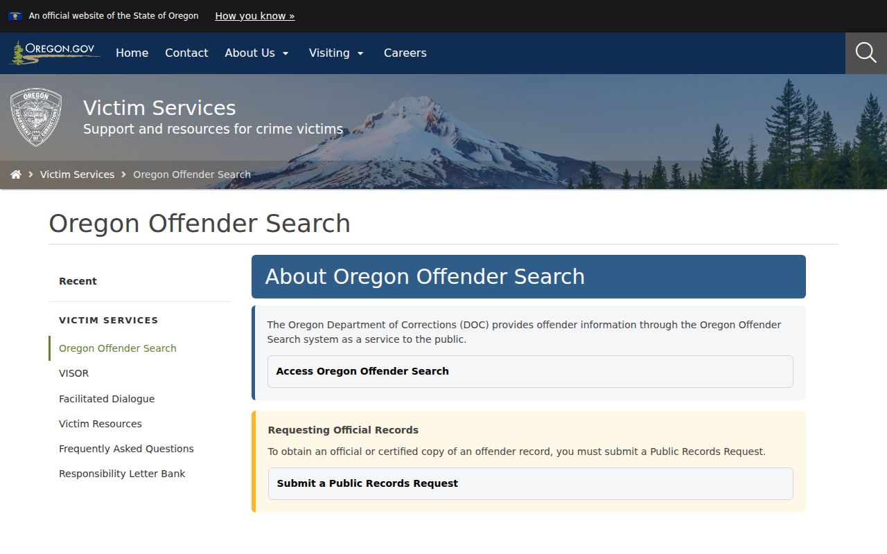 Oregon Department of Corrections Offender Search page