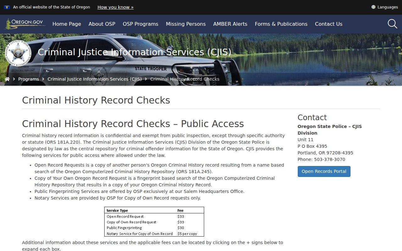 Oregon State Police criminal history check options