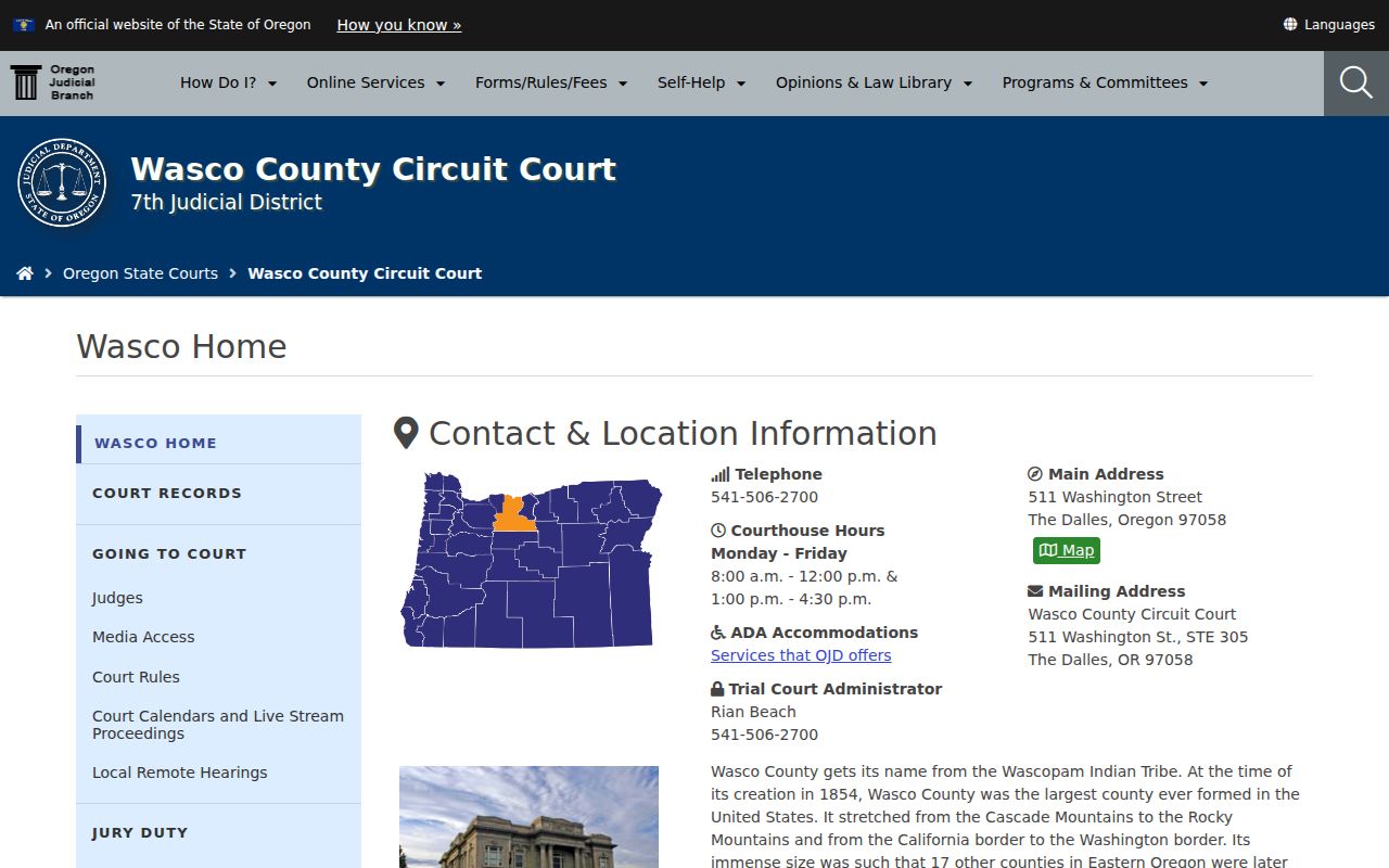 Wasco County Circuit Court official information page