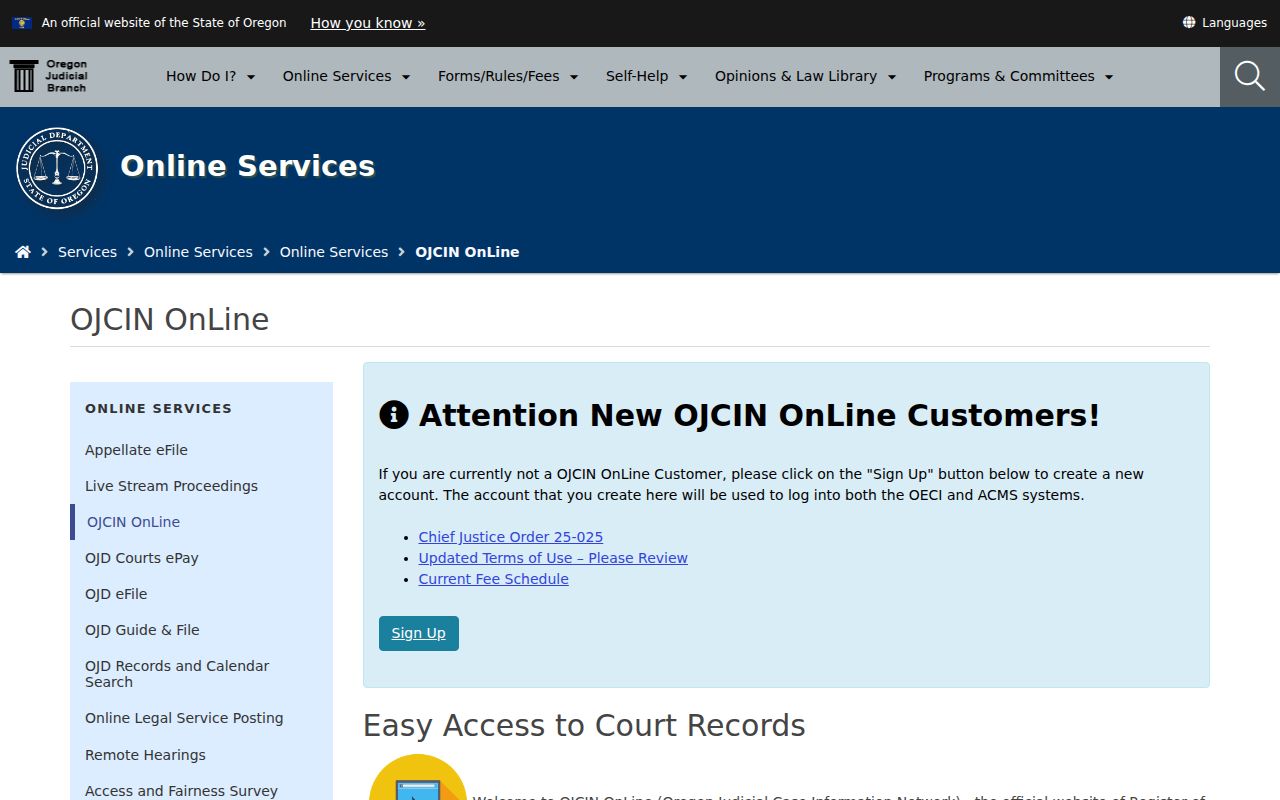 OJCIN OnLine paid Oregon court record service