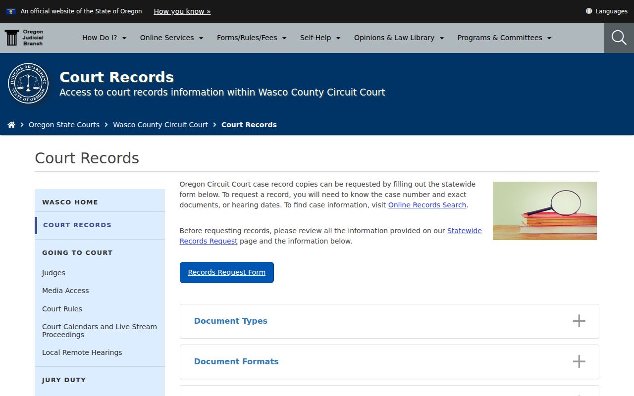 Wasco County Circuit Court records and copy request page