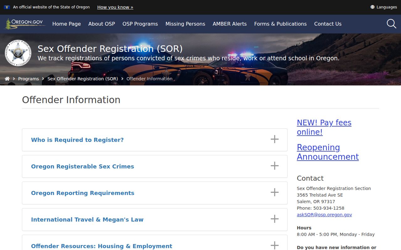Wasco County sex offender registry reporting information from Oregon State Police