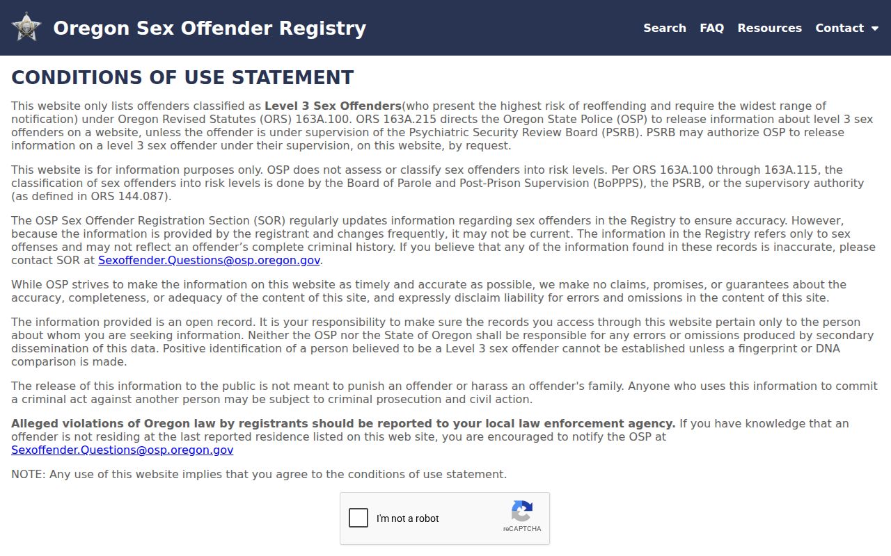 Wasco County sex offender lookup on the Oregon registry search interface