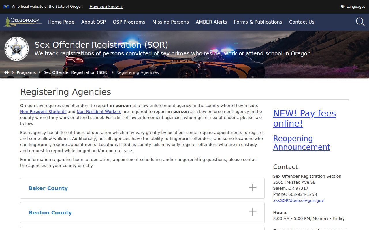 Wasco County sex offender registration agency listing from Oregon State Police